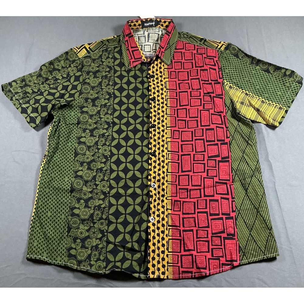VatPave Mens Patchwork Button Down Shirt Short Sleeve Multi Color Geometric L